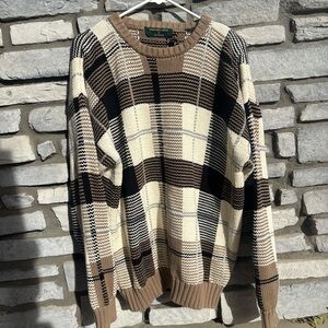 Classic Men's Plaid Crewneck Sweater - Tan, Black, Cream